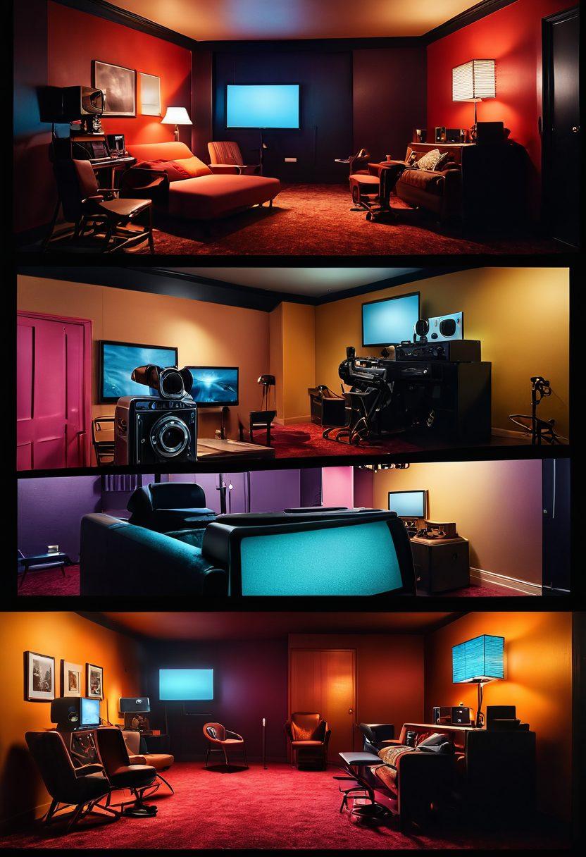 A striking juxtaposition showcasing the transformation of adult video entertainment. On the left, a vintage handheld camera in a dimly lit room with amateur actors, and on the right, a sleek modern film set with professional equipment and well-lit background. Include vibrant colors to highlight the contrast in quality and aesthetics. 3D perspective and detailed textures to emphasize the evolution. cinematic style.