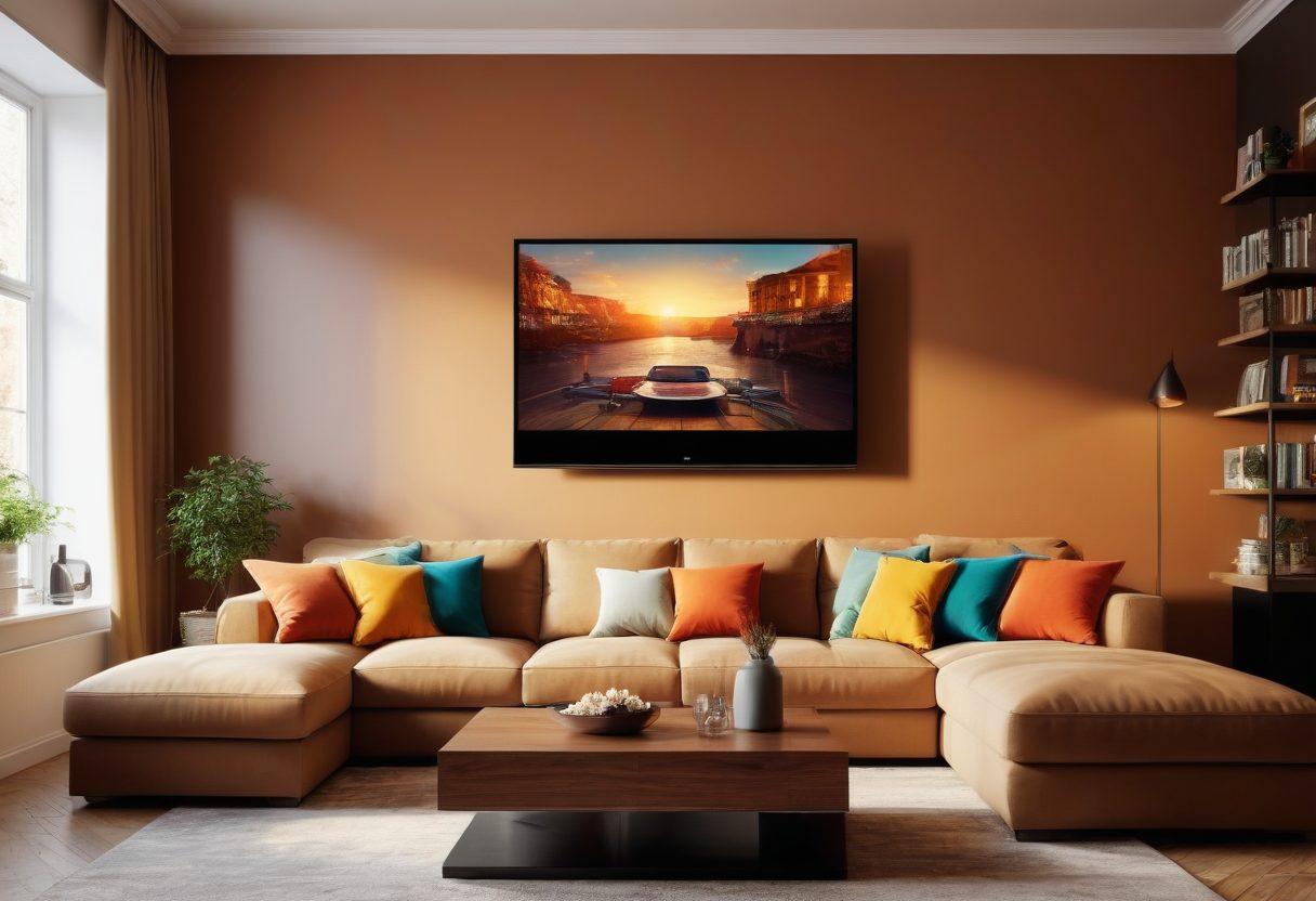 A captivating scene showcasing a modern living room with a sleek large screen displaying various premium streaming platforms on the wall. A plush couch with colorful cushions invites viewers to relax, while a bowl of popcorn and a remote control sit on a stylish coffee table. The ambiance should have soft, warm lighting highlighting the comfort of home entertainment. Include subtle hints of adult video content, like tasteful artwork or magazine covers in the background. super-realistic. warm colors. cozy atmosphere.